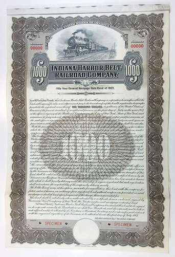 Indiana Harbor Belt Railroad Co., 1907 Specimen Bond.