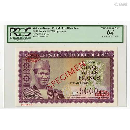 Banque Centrale de la Republique de la Guinee, 1960 Specimen Banknote (Never Issued).