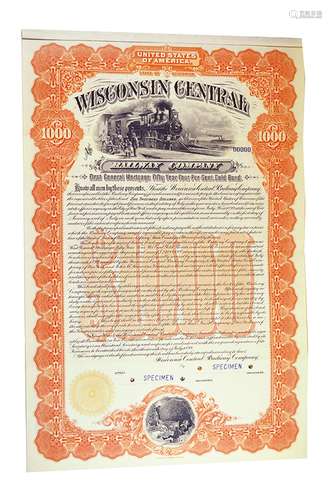 Wisconsin Central Railway Co. 1899 Specimen Bond.