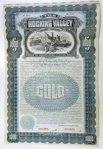 Hocking Valley Railway Co. 1899 Specimen Bond.