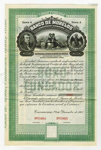 Banco De Morelos, 1903 Specimen Bond.