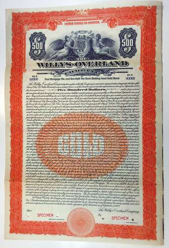 Willys-Overland Co. 1923 Specimen Bond.