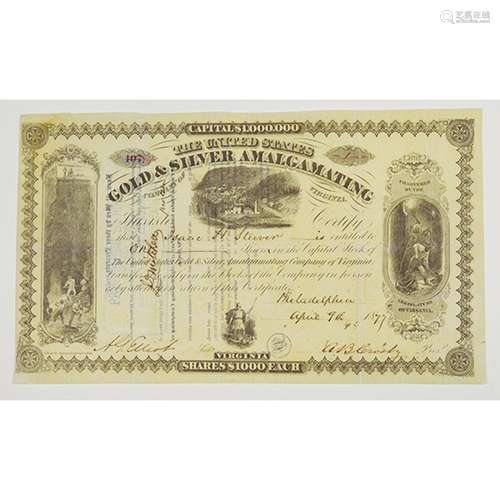 United States Gold & Silver Amalgamating Co., 1877 Issued Stock Certificate