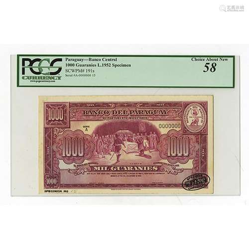 Banco Del Paraguay, L.1952 Specimen Banknote.