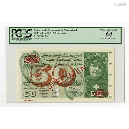 Banque Nationale Suisse, 1963 Specimen Banknote.