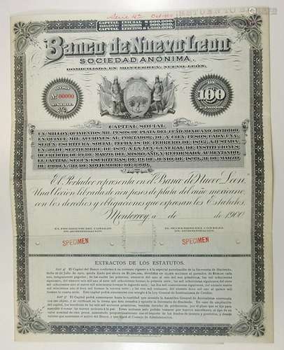 Banco de Nuevo Leon Sociedad Anonima, 1900 Specimen Bond