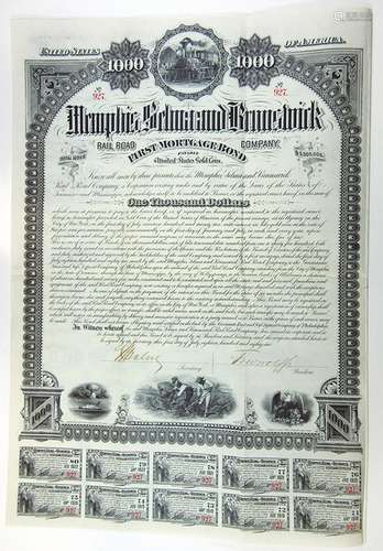 Memphis, Selma and Brunswick Railroad Co. 1882 Bond.