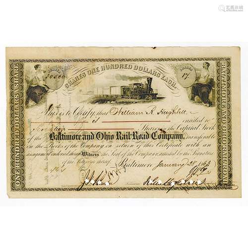 Baltimore & Ohio Rail Road Co., 1863 Stock Certificate Signed by John Hopkins as President.