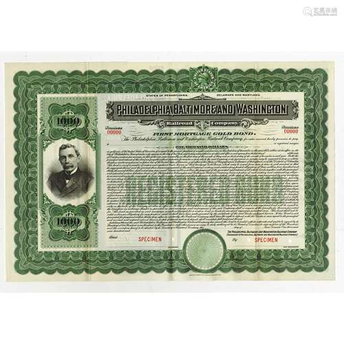 Philadelphia, Baltimore and Washington Railroad Co., 1904 Specimen Registered Gold Bond.