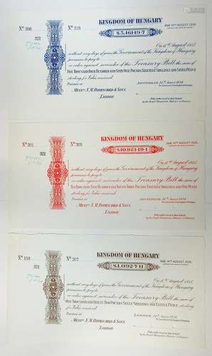 Kingdom of Hungary, 1934 Specimen treasury Bill Trio.