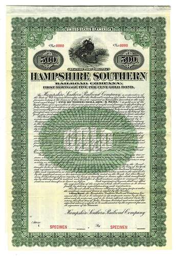 Hampshire Southern Railroad Co., 1909 Specimen Bond