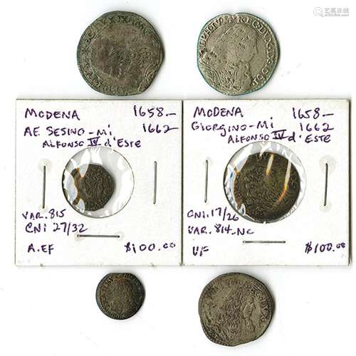 Italy, 1658-1694, Group of Early Coins issued under Dukes Alfonso IV and Francesco II of Modena.