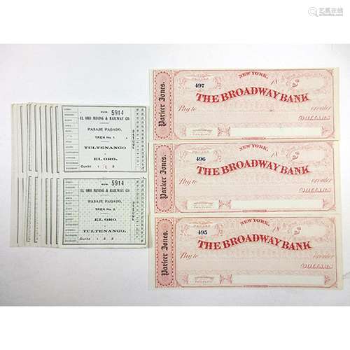 Various Issuers. Late 19th Century. Group of 3 Checks & 11 Train Tickets.