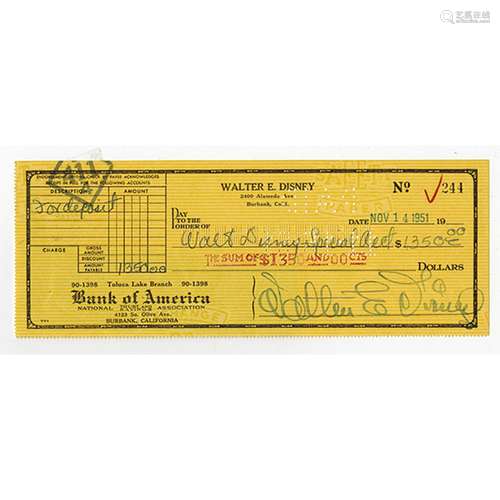 Walt Disney Signed Check dated 1951.