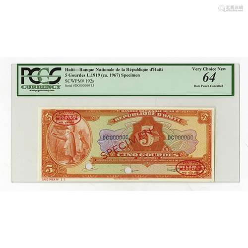 Banque Nationale De La Republique D'Haiti, L.1919 (ca.1967) Specimen Banknote.