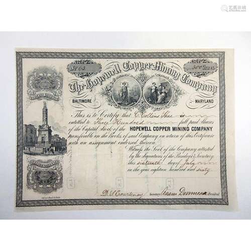 Hopewell Copper Mining Co., 1860 Issued Stock Certificate