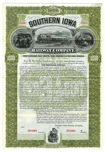 Southern Iowa Railway Co., 1900 Specimen Bond