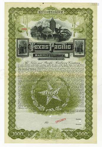 Texas and Pacific Railway Co., 1888 Specimen Gold Bond.