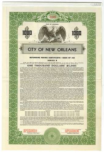 City of New Orleans, 1939 Specimen Bond.