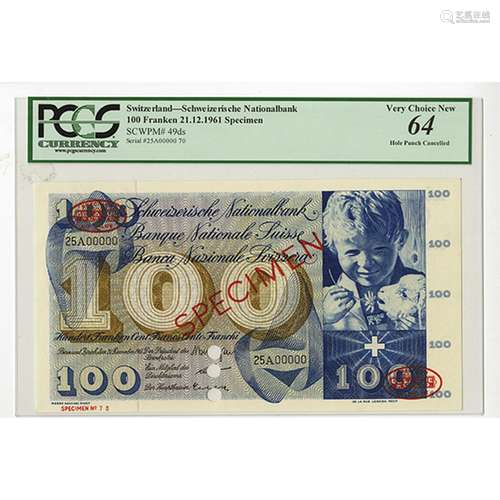 Banque Nationale Suisse, 1961 Specimen Banknote.