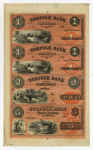 Norfolk Bank, 1850's Uncut Full Color Remainder Sheet of 4 Notes.