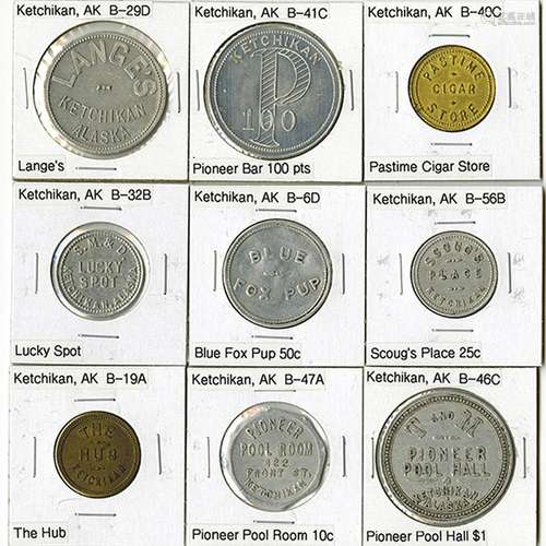 Ketchikan, Assortment of 9 Trade Tokens