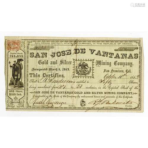 San Jose De Vantanas, 1863 Issued Stock Certificate.