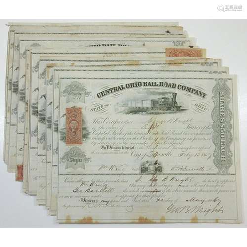 Central Ohio Rail Road Co., ca.1866-1870 Group of Cancelled Stock Certificates