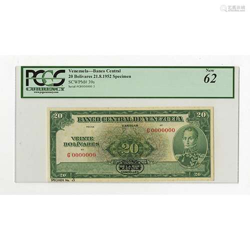 Banco Central De Venezuela, 1952 Specimen Banknote.