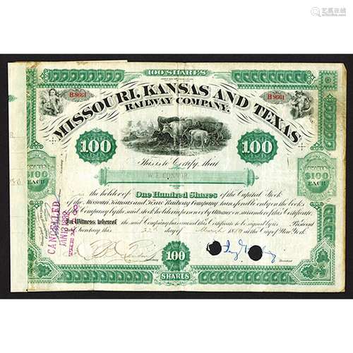 Missouri, Kansas & Texas Railway Co. 1880 Stock Certificate with Jay Gould Signature..