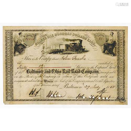 Baltimore & Ohio Rail Road Co., 1858 Stock Certificate Signed by John Hopkins as President.