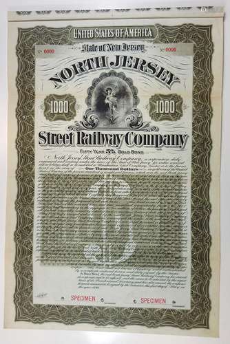 North Jersey Street Railway Co., 1896 Specimen Bond.