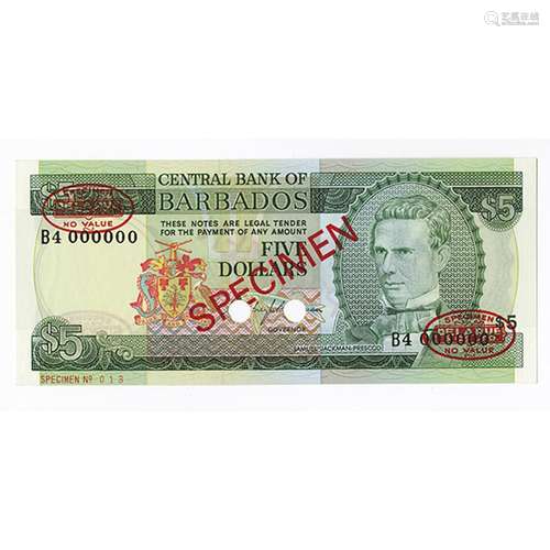 Central Bank of Barbados, ND (1973) Specimen Banknote.