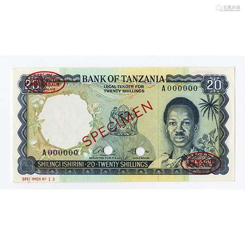 Bank of Tanzania, ND (1966) Specimen Banknote.