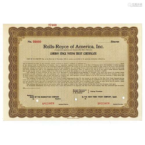 Rolls-Royce of America, Inc., 1919 Specimen Common Stock Voting Trust Certificate..