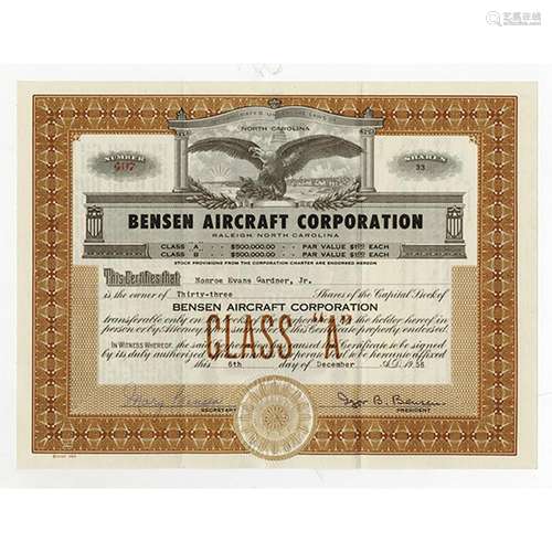 Bensen Aircraft Corp. 1956 issued Stock Certificate, Helicopter Developer.