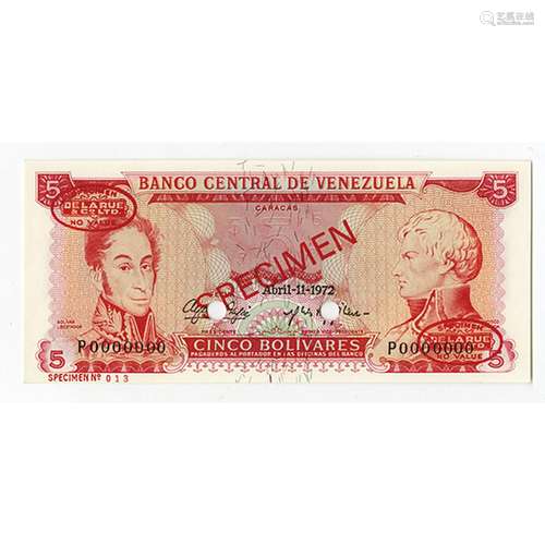 Banco Central de Venezuela, 1972 Specimen Banknote.