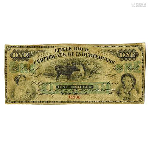 Little Rock Certificate of Indebtedness, 1873 Issued Obsolete Banknote.