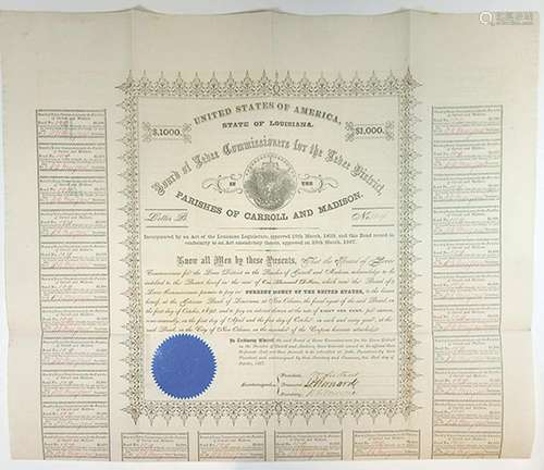 Board of Levee Commissioners for the Levee District in the Parishes of Carroll and Madison 1867 Coupon Bond.