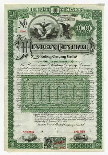 Mexican Central Railway Co., LTD, 1889 Specimen Gold Coupon Bond.