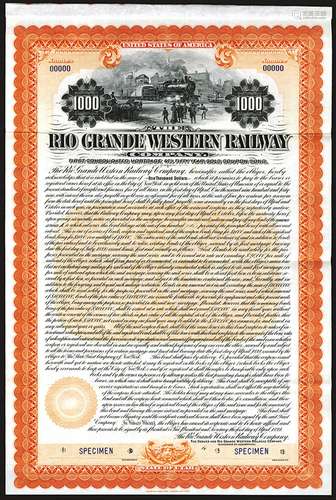 Rio Grande Western Railway Co., 1899 Specimen Bond.