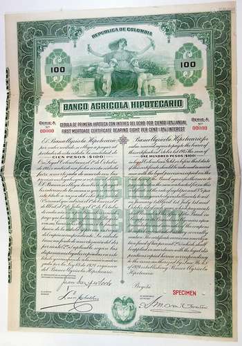 Banco Agricola Hipotecario, 1924 Specimen Bond