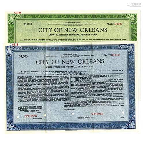 City of New Orleans, Temporary Union Passenger Terminal Revenue Specimen Bond Pair, ca.1948-1949.