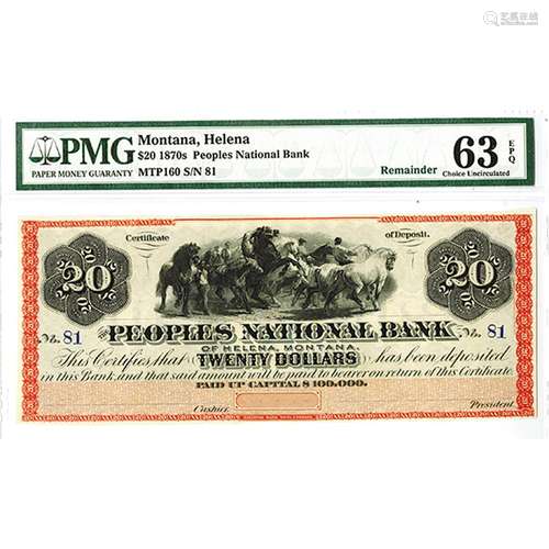 Peoples National Bank, of Helena, Montana, Certificate of Deposit, 1870s Remainder Obsolete Banknote.