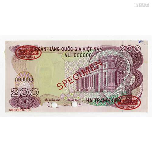 National Bank of Viet Nam, ND (1970) Specimen Banknote.