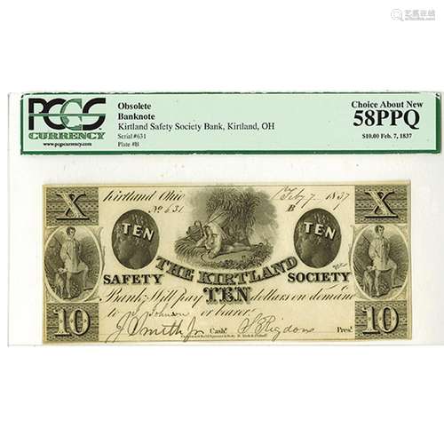 Kirtland Safety Society Bank, Feby 7, 1837 Issued Obsolete Banknote.