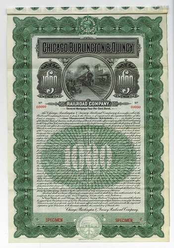 Chicago, Burlington & Quincy Railroad Co. 1908 Specimen Gold Coupon Bond.