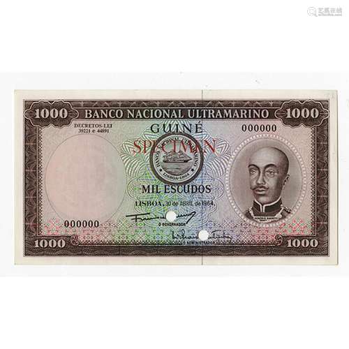 Banco Nacional Ultramarino, 1964 Specimen Banknote.