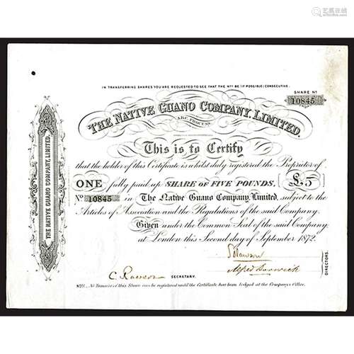 Native Guano Co. Ltd., 1872 Issued Share Certificate.