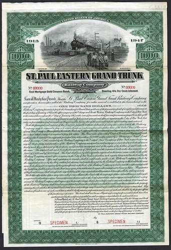 St. Paul Eastern Grand Trunk Railway Co. 1913 Specimen Bond